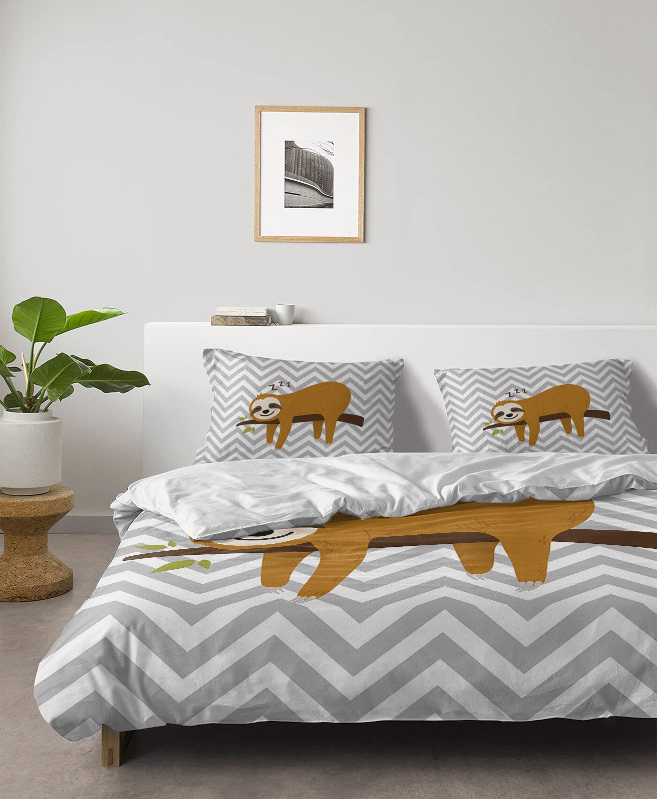 4 Pieces Duvet Cover California King Bedding Sets Cute Sloth on Branch for Bedroom Decor,Ultra Soft Luxury Comforter Cover Set with Bed Sheet and Pillow Shams Geometric Gray White Chevron Stripes