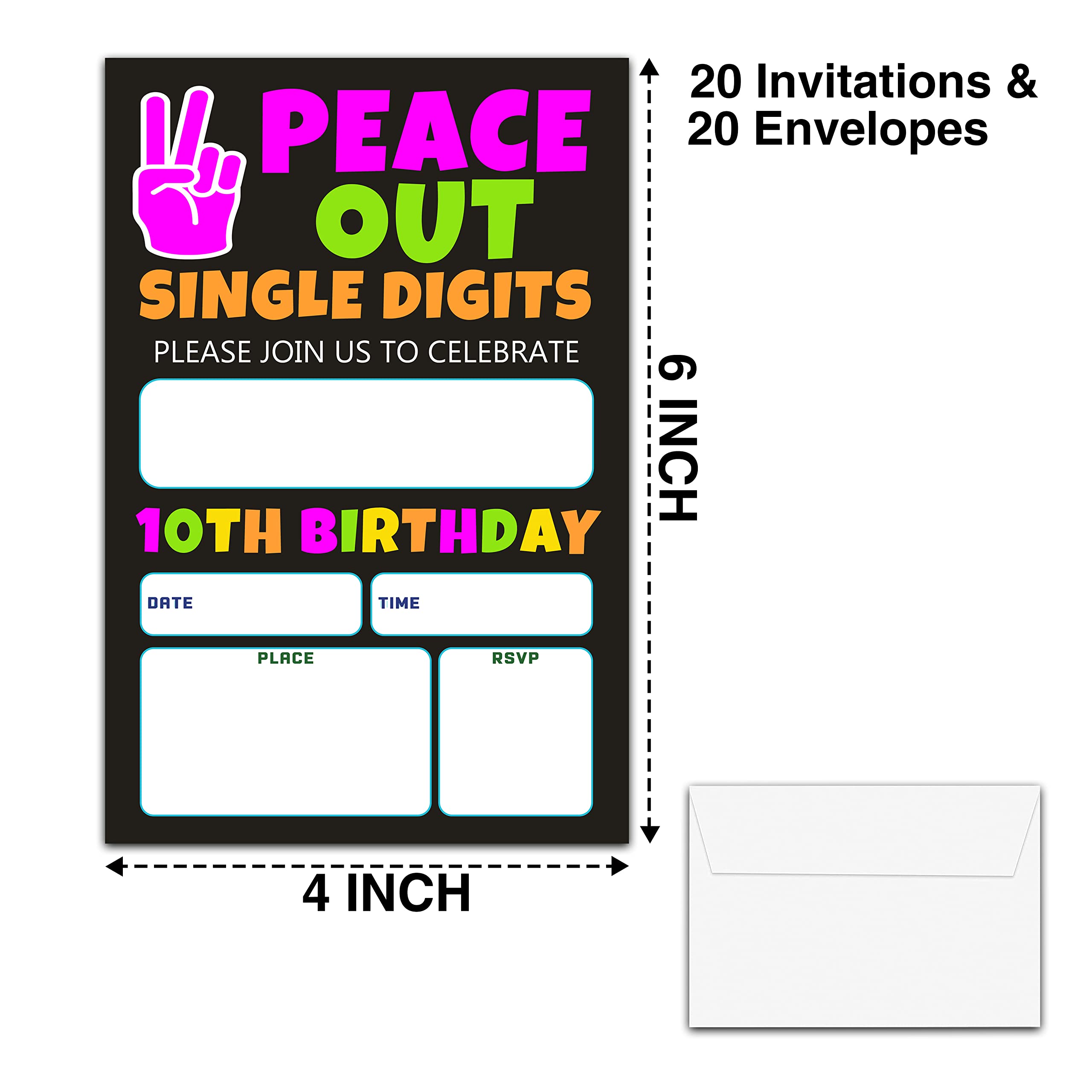 YSTEP 10th Birthday Party Invitations, 20 Invite Cards with Envelopes, 4"x6" Peace out Single Digits Birthday Party Invites - A10