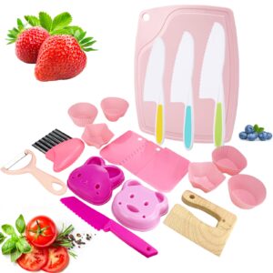 19 pcs wooden kids kitchen safe knife set with wood kids knife, plastic potato slicers, serrated edges plastic toddler knife, cake scraper, crinkle cutter, cutting board, kids safe knife for children