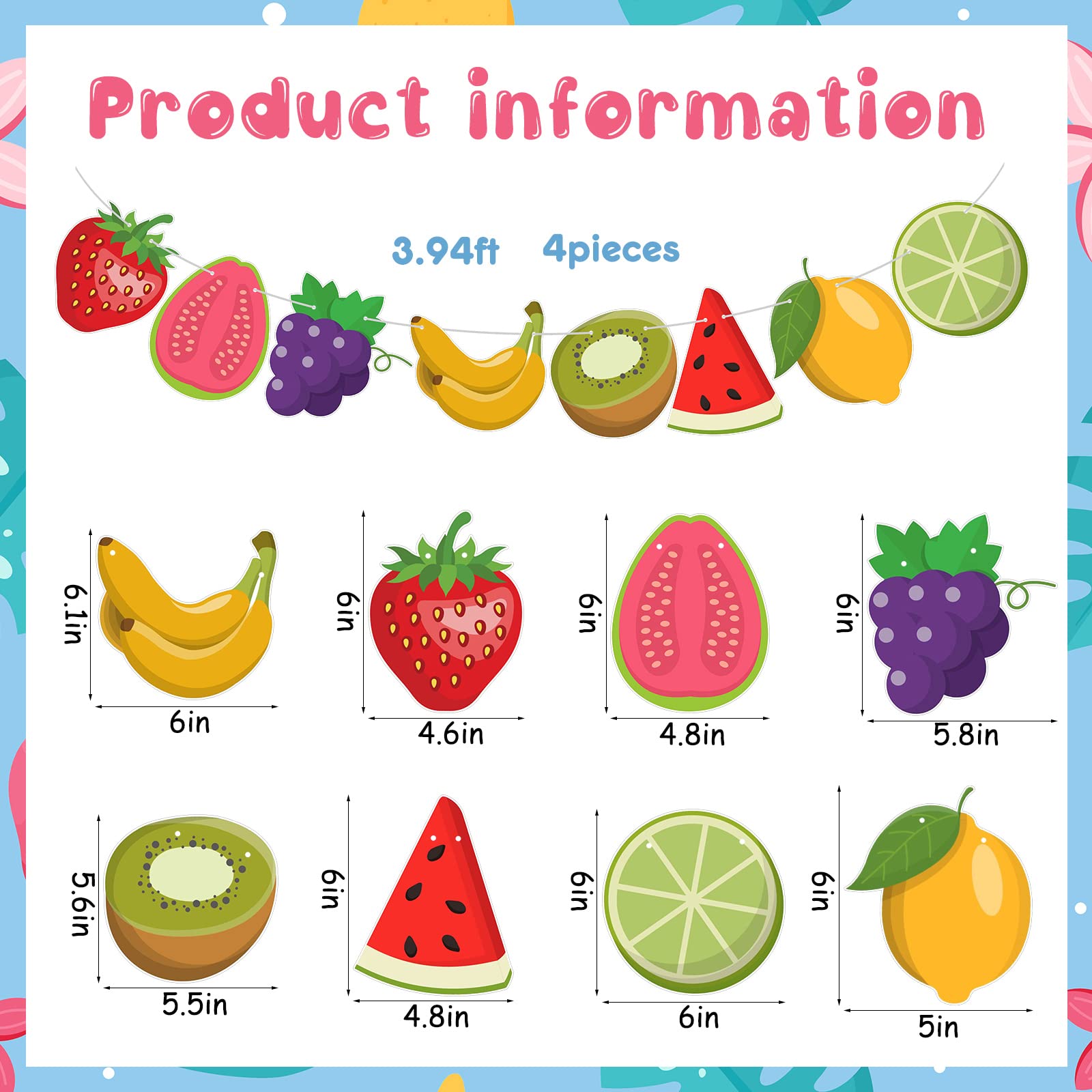 Tudomro 4Pcs Fruit Theme Party Decorations Twotti Tutti Frutti Banner Hawaiian Tropical Summer Fruit Banner Garland Fruity Birthday Party Decoration for Fruit Theme Birthday Baby Shower Party Supplies