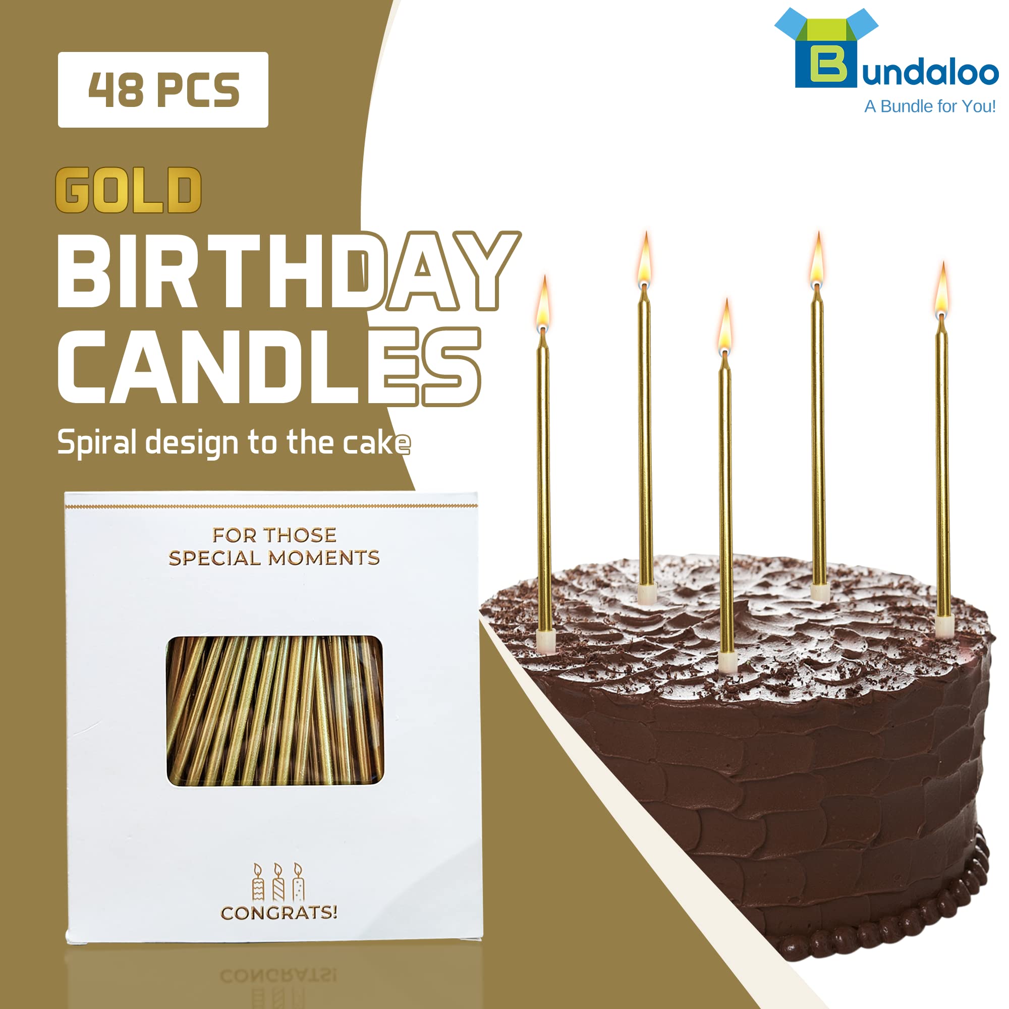 Bundaloo Gold Birthday Candles for Cake - Set of 48 Gold Candles for Birthday Cakes - with Plastic Holders, 5.5" Long, 0.20" Thickness