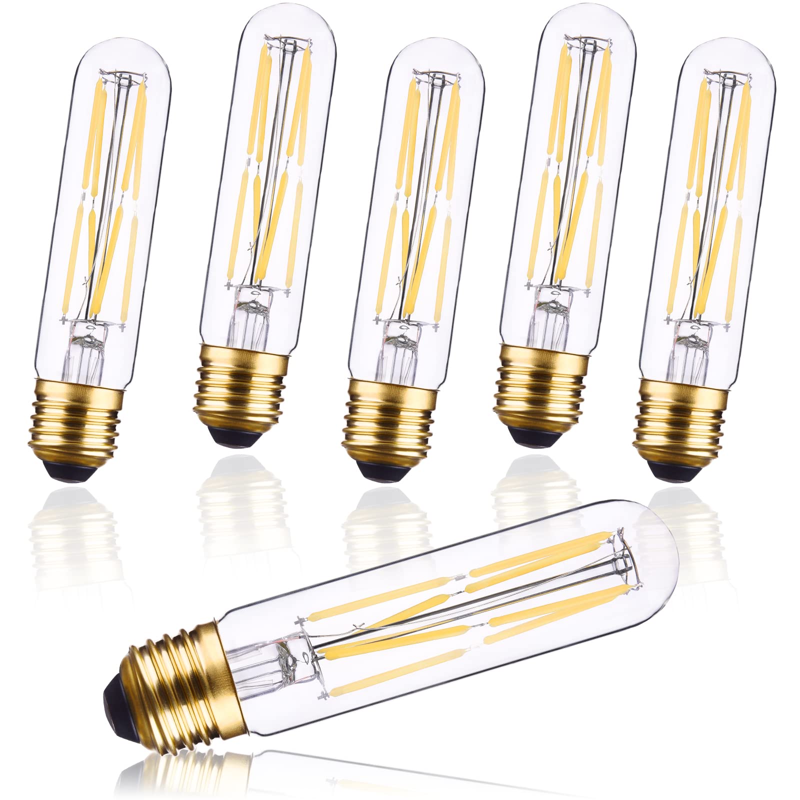 CREATE BRIGHT Candelabra Led Light Bulbs T10 Tubular Edison LED Filament Bulb 8W E26 Daylight White 5000K,Clear Glass,960LM,6 Pack