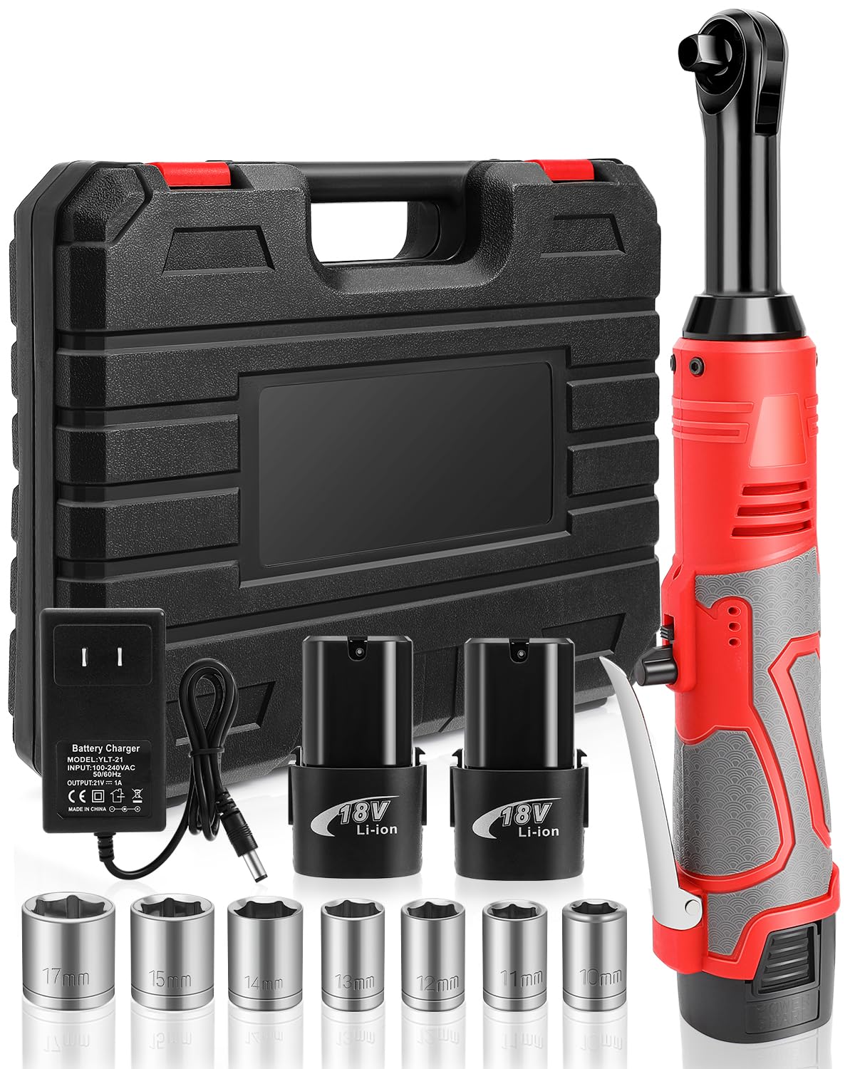 FAHKNS 18V Extended Cordless Ratchet Wrench 3/8 Electric Wrenches Set 45 ft-lbs (60 N.m) 400RPM Power,2 Battery 2.0Ah Lithium-Ion,7 Sockets (10/11/12/13/14/15/17mm) And Charger,Variable Speed Trigger