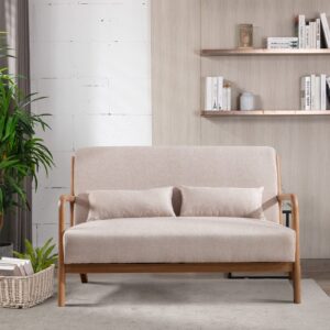 inzoy 50" love seat sofa 2 seat mid century modern accent chair, uplostered 2 person couch loveseat for small place bedroom office, wood frame and attached 2 waist cushions, beige