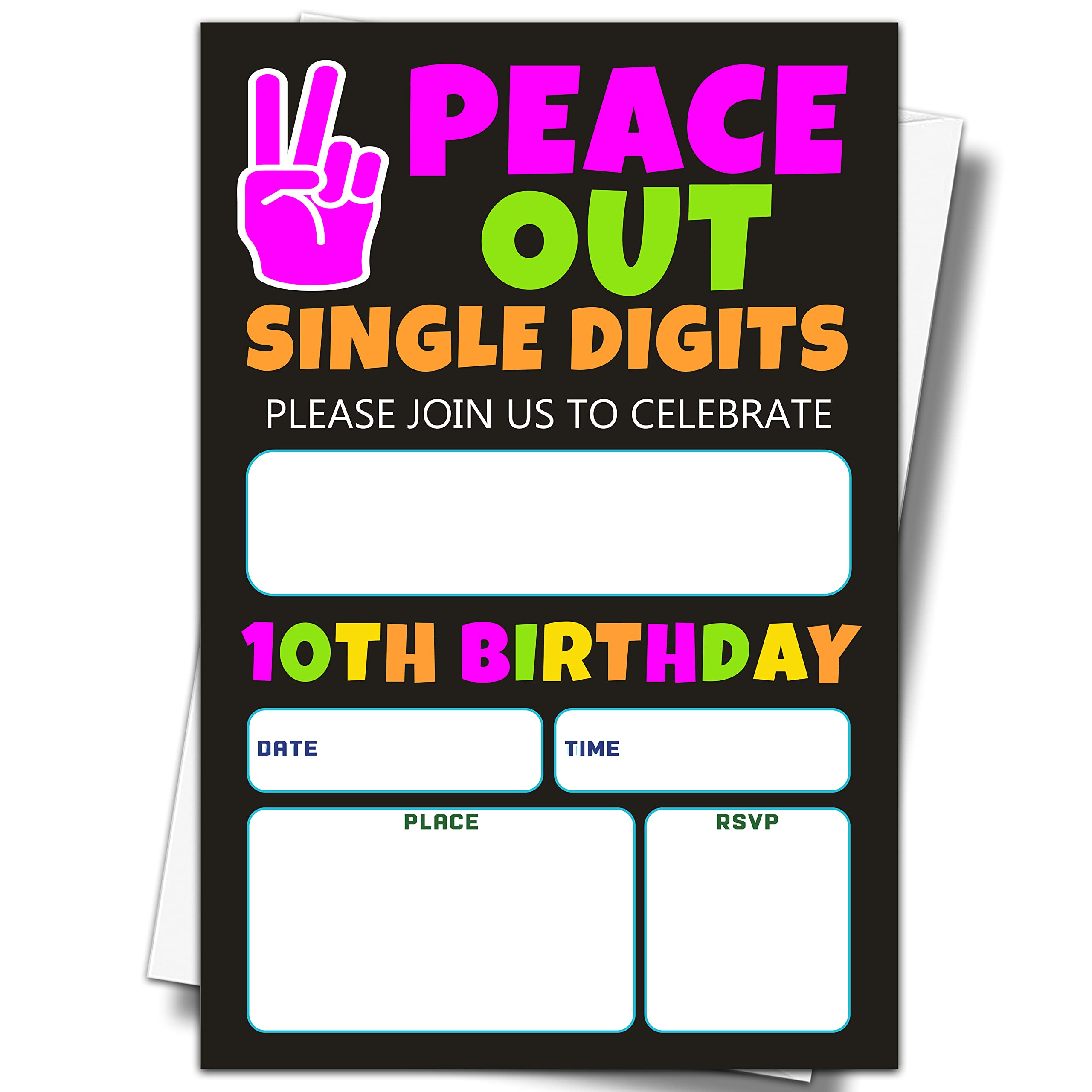 YSTEP 10th Birthday Party Invitations, 20 Invite Cards with Envelopes, 4"x6" Peace out Single Digits Birthday Party Invites - A10