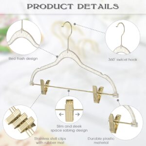 Hoolerry 10 Pcs Clear Hangers with Clips Acrylic Glitter Hangers 17 x 8 Inches Plastic Skirt Pants Hangers with Non Slip Notches Adjustable Clips Coat Hanger for Clothes Skirt Trousers Jeans (Gold)