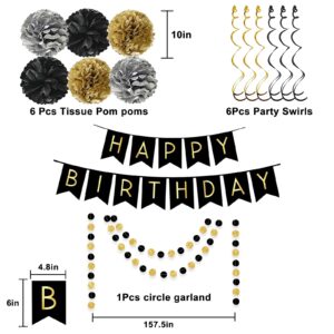 Black Gold Birthday Decorations, Happy Birthday Banner with Pom Poms Paper Triangle bunting Garland Swirl Streamers for Boys Men Party Supplies