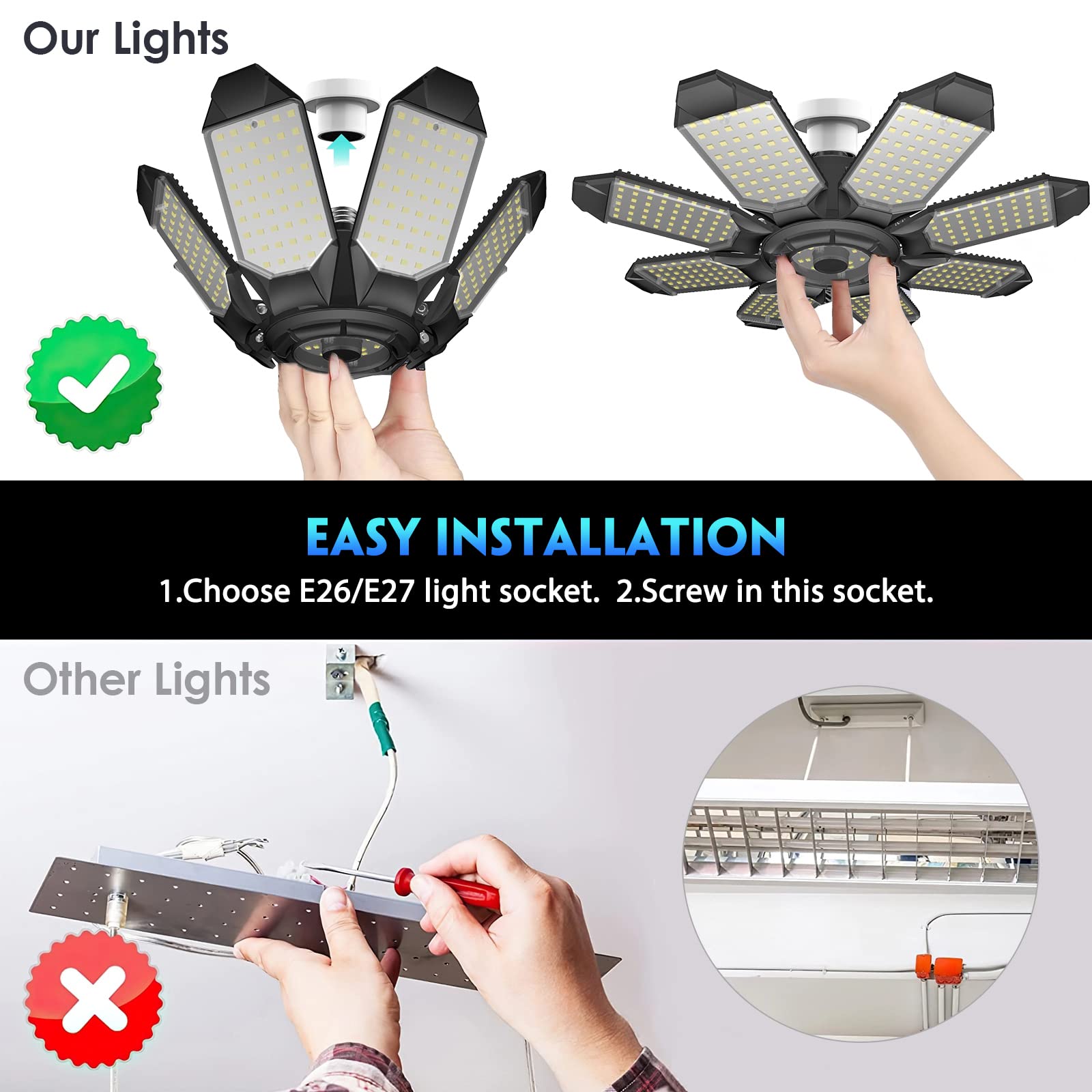 LED Garage Light,260W 26000LM 6500K Deformable LED Garage Ceiling Light with 8+1 Adjustable Panels Commercia Bay Light for E26/E27 Screw Socket,Basement,Barn,Workshop,Attic (1Pack & 8+1Panels)