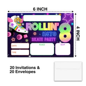 YSTEP Roller Skating 8th Birthday Party Invitations, 20 Invite Cards with Envelopes, 4"x6" Neon Skating Birthday Party Invites - A07