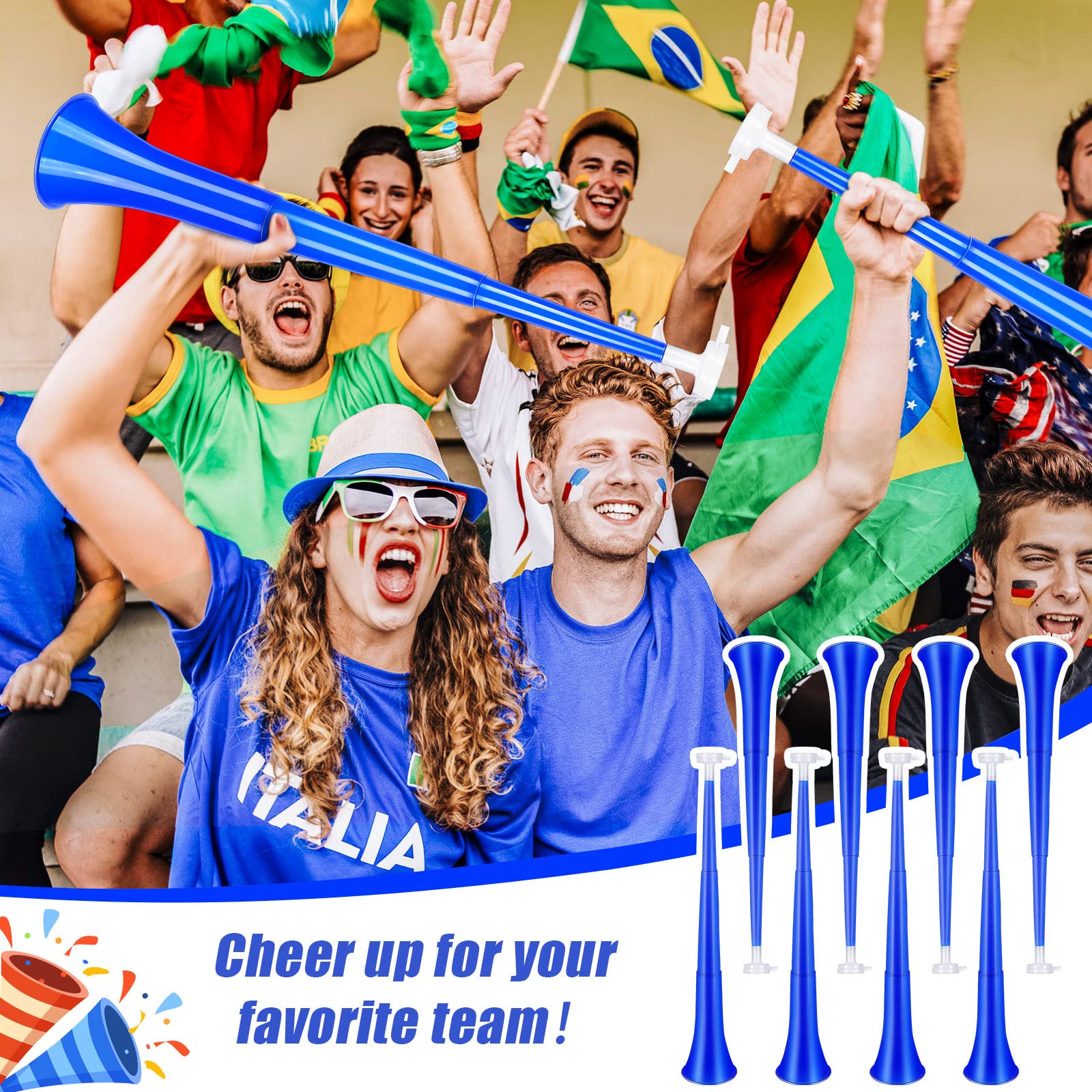 Honoson 8 Pieces Collapsible Stadium Horn 24 Inch Plastic Trumpet Vuvuzela Horn Blow Horn Noisemakers for Sporting Events Graduation Games School Sports Party Supplies Favors Accessories (Blue)