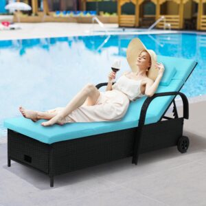 YITAHOME Outdoor Wicker Chaise Lounge Chair w/Storage, Rattan Patio Pool Lounger with Adjustable Backrest, Arm, Cushion, Pillow and Wheel for Poolside Backyard Porch Garden Beach