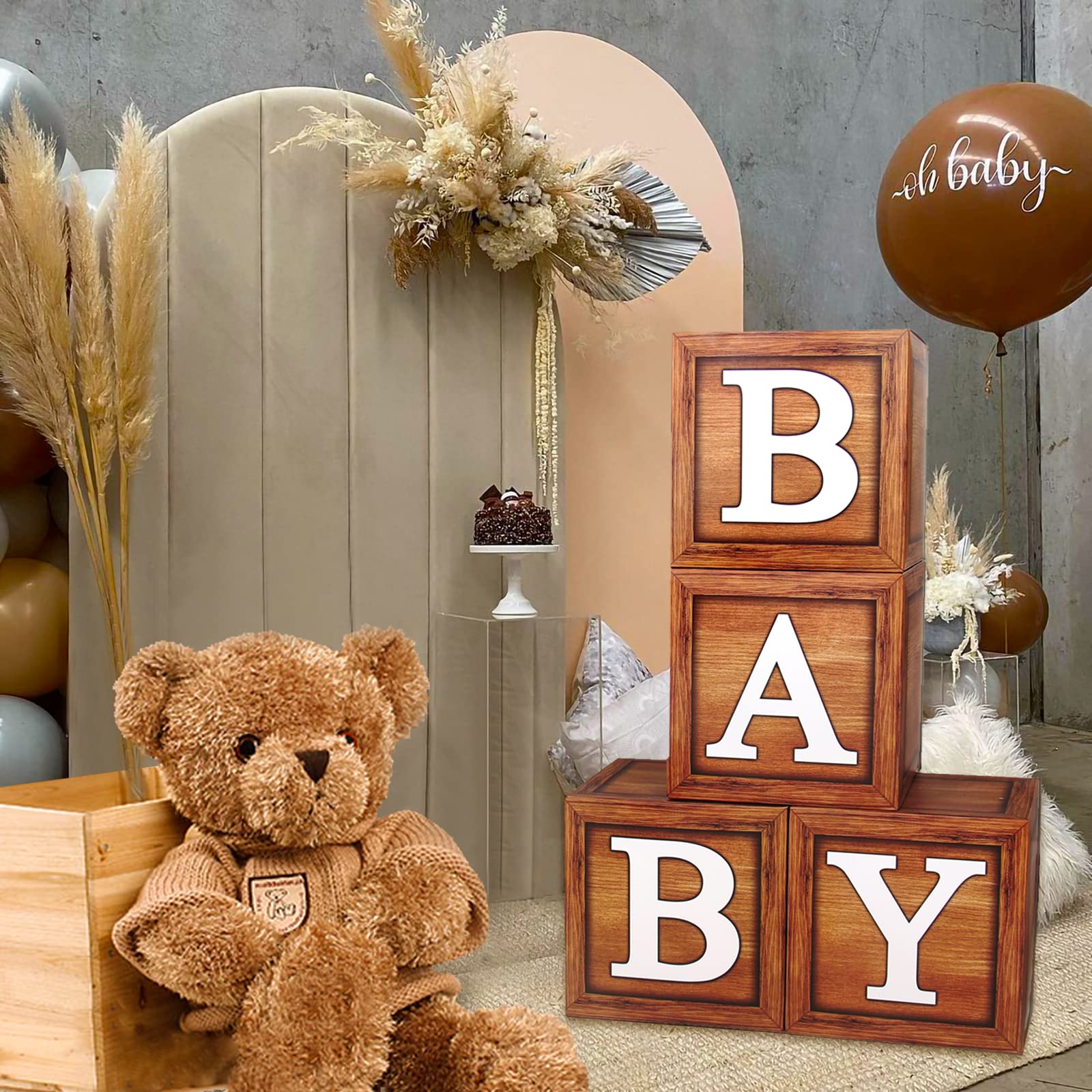 Baby Shower Decorations Baby Boxes with Letters, 4pcs Wood Baby Shower Brown Blocks with Printed BABY Letter, Gender Reveal Decorations, Woodland Baby Shower Girl Boy,Teddy Bear Theme Party