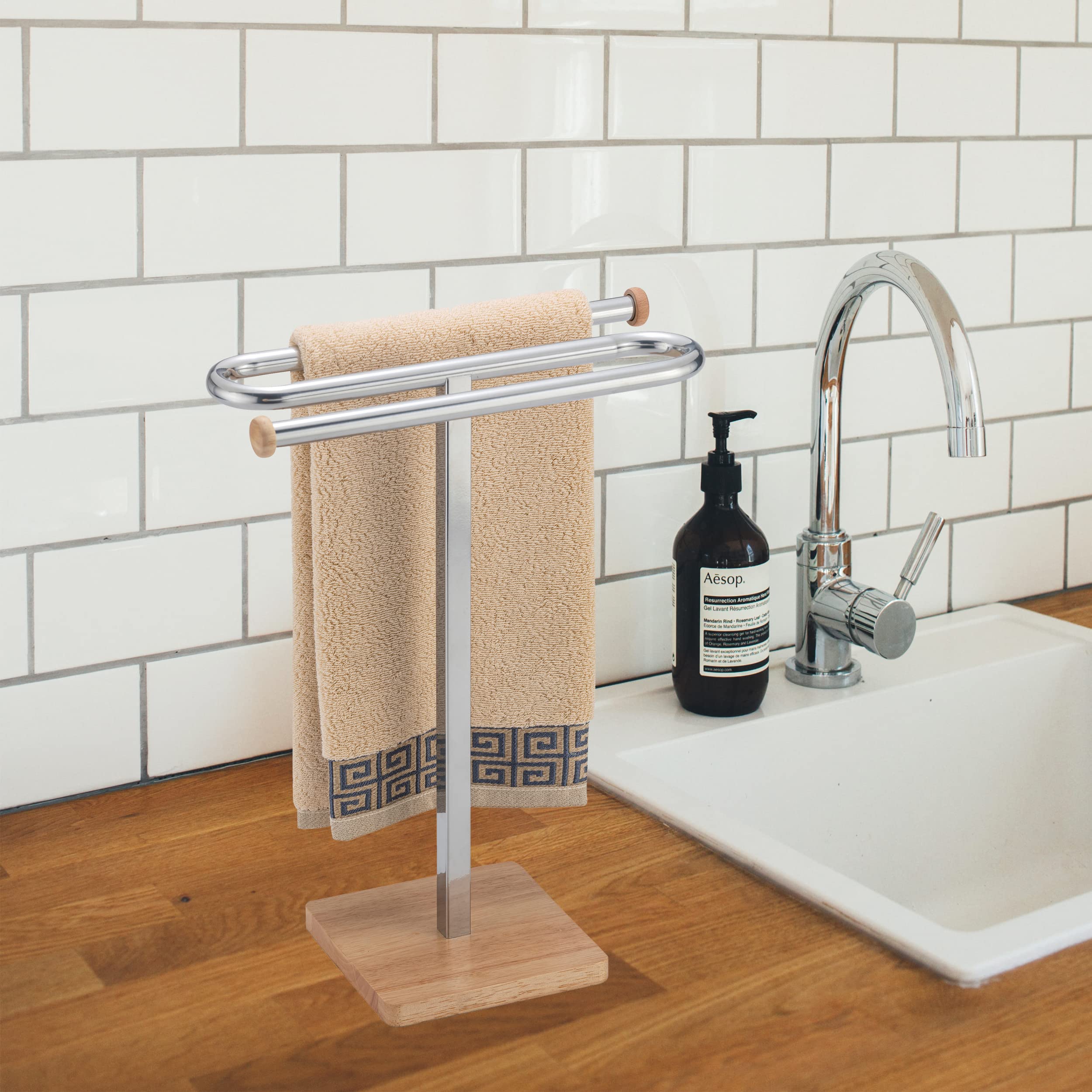 ZCDCP Hand Towel Holder Stand, S-Shape Countertop Towel Stand with Wood Base Freestanding Towel Rack for Bathroom