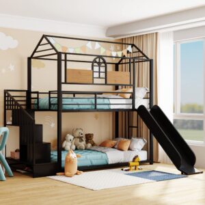 bellemave house bunk bed with slide and stairs twin over twin floor bunk bed frame metal playhouse bunked with storage shelves for kids boys girls teens, black with mdf