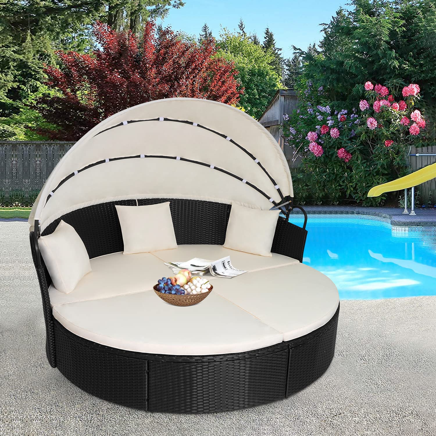 Outdoor Round Daybed Wicker Patio Furniture Outdoor Furniture with Retractable Canopy Rattan Separated Seating Sectional Sofa Khaki Washable Cushioned and Three Pillow for Patio Backyard Porch Pool