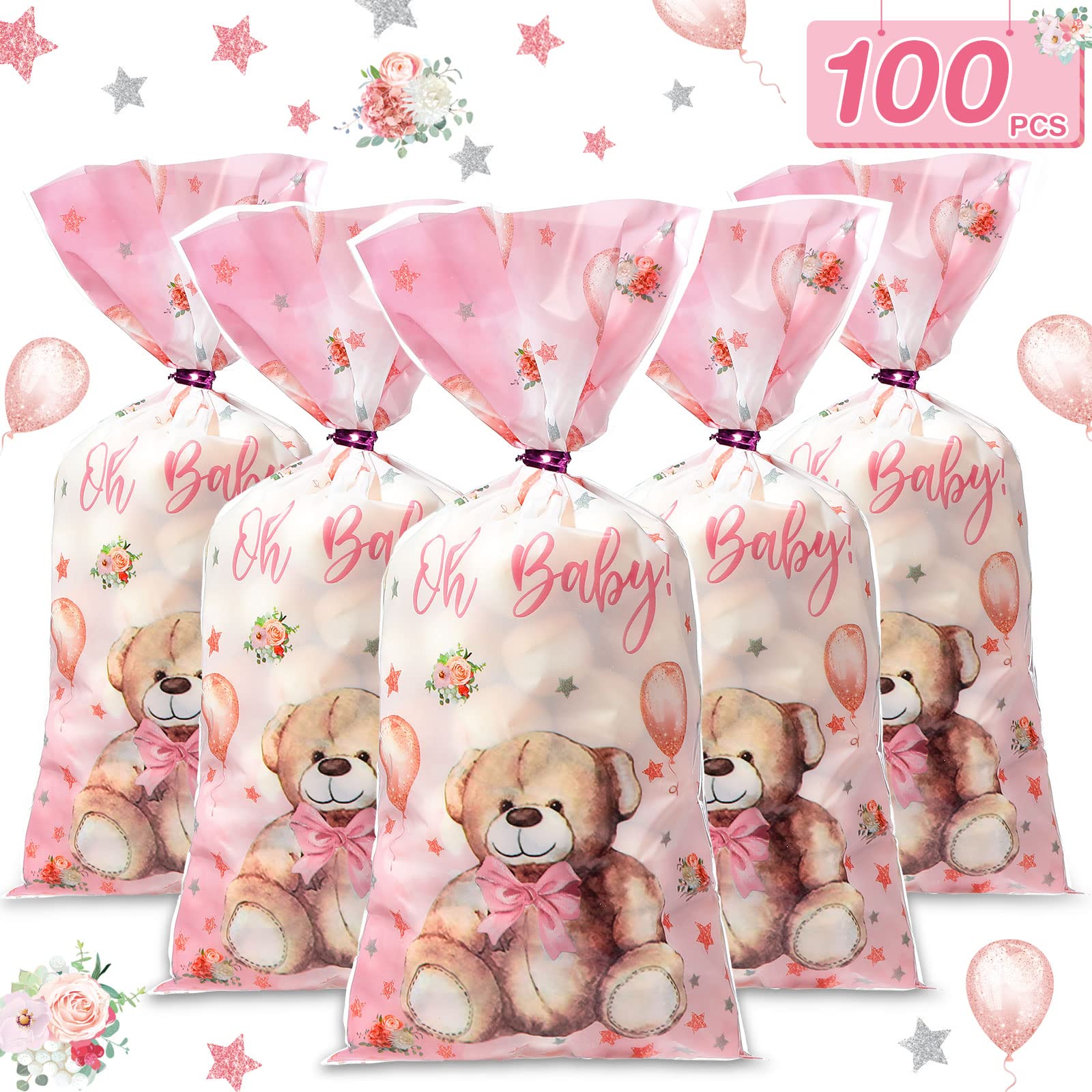 Pajean 100 Pack Bear Baby Shower Treat Bags Bear Cellophane Candy Bag Bulk Plastic Goodie Gift Bags with Metallic Twist Ties for Gender Reveal Birthday Party Favors (Pink)