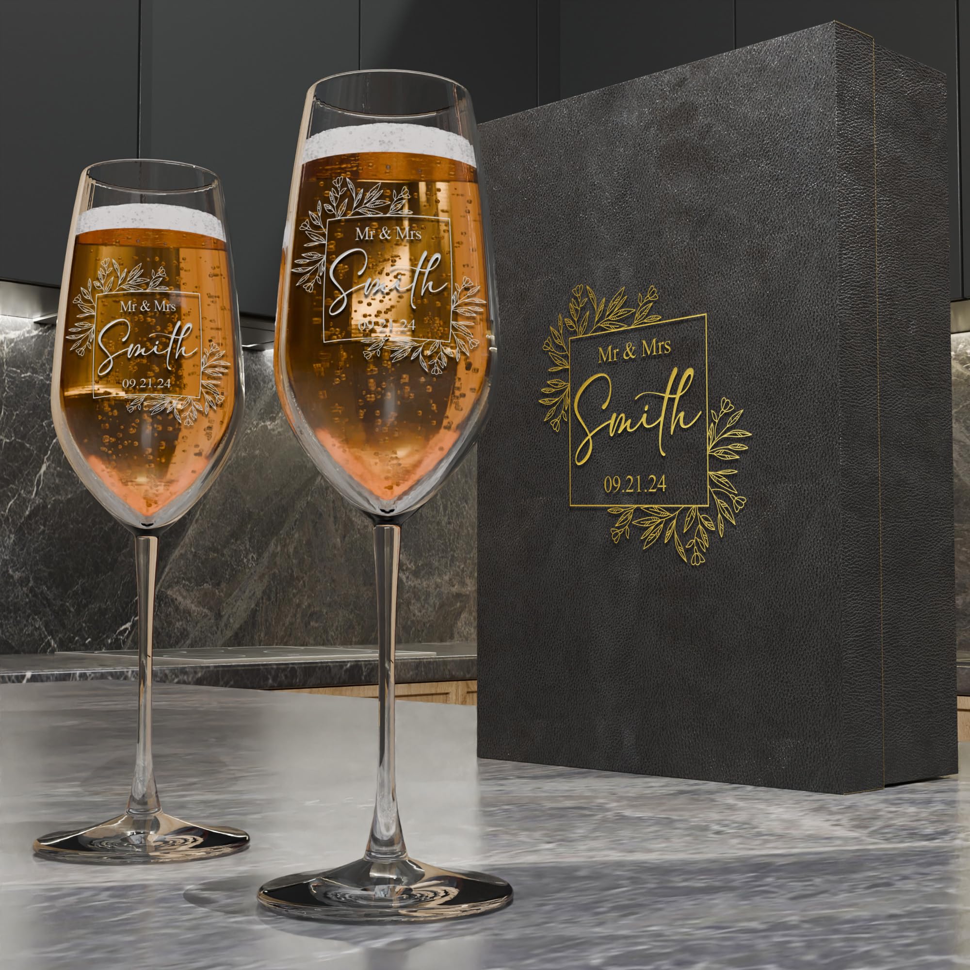 Set of 2 Custom Champagne Flutes - Customized Wedding Champagne Glasses - Personalized Bride & Groom Champagne Flutes for Mr & Mrs - Champagne Coupe Glasses - Unique Wedding Gift Idea - 6 Designs