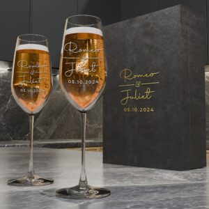 set of 2 custom champagne flutes - customized wedding champagne glasses - personalized bride & groom champagne flutes for mr & mrs - champagne coupe glasses - unique wedding gift idea - 6 designs