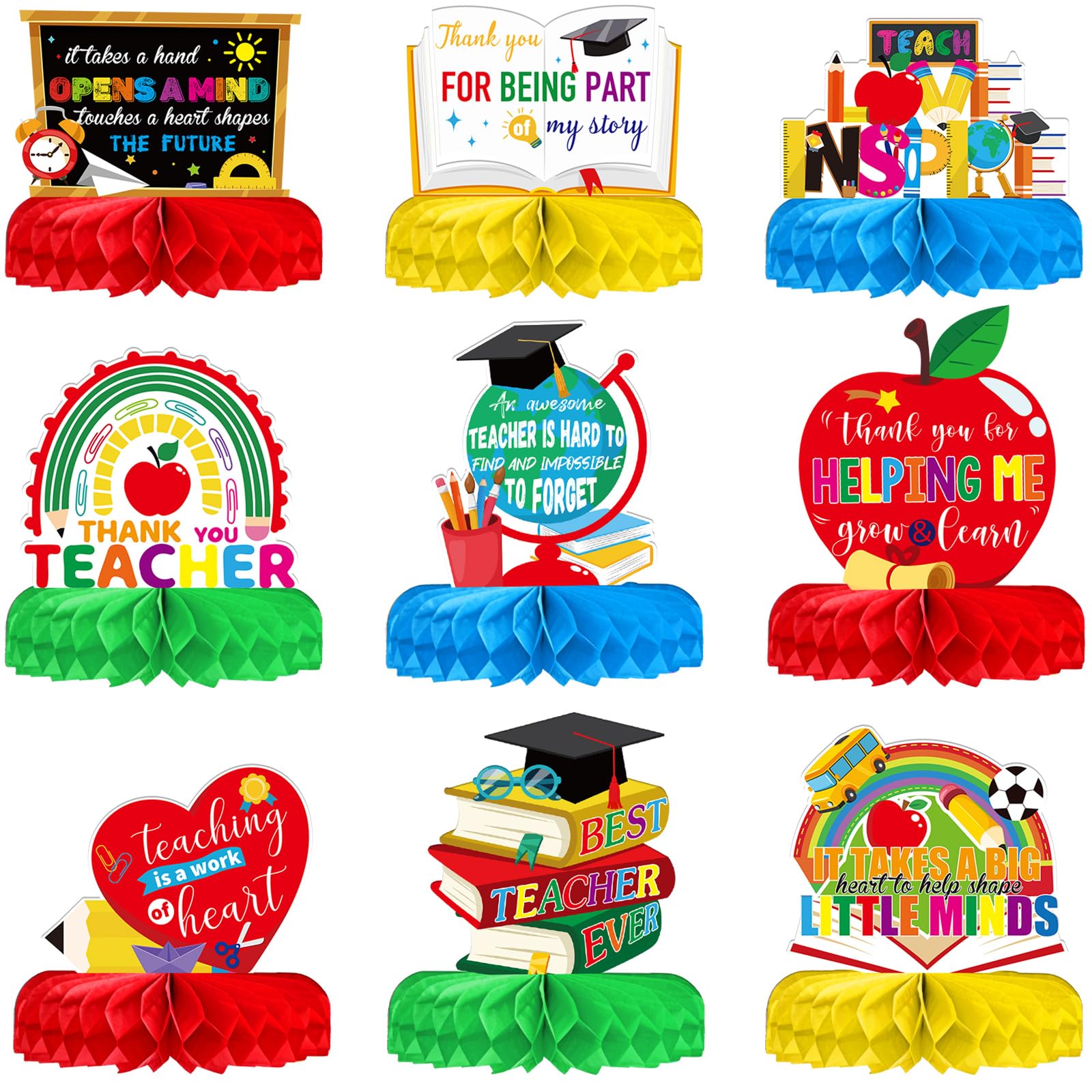 Faccito 9 Pcs Teacher Appreciation Table Centerpieces Decorations Teacher Appreciation Honeycomb Centerpiece Teachers Table Topper Sign for Teacher Day Graduation Home School Classroom Desk Decor