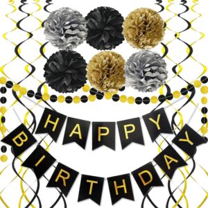 black gold birthday decorations, happy birthday banner with pom poms paper triangle bunting garland swirl streamers for boys men party supplies