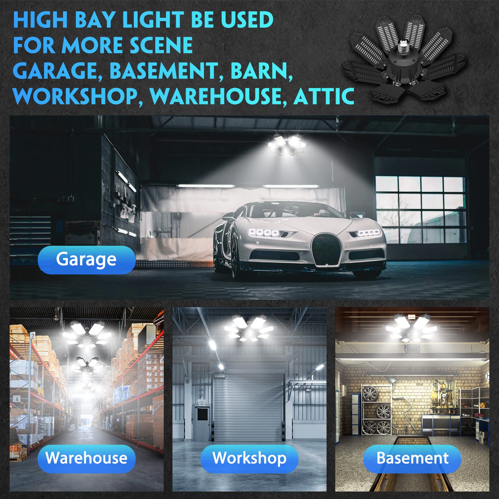 LED Garage Light,260W 26000LM 6500K Deformable LED Garage Ceiling Light with 8+1 Adjustable Panels Commercia Bay Light for E26/E27 Screw Socket,Basement,Barn,Workshop,Attic (1Pack & 8+1Panels)