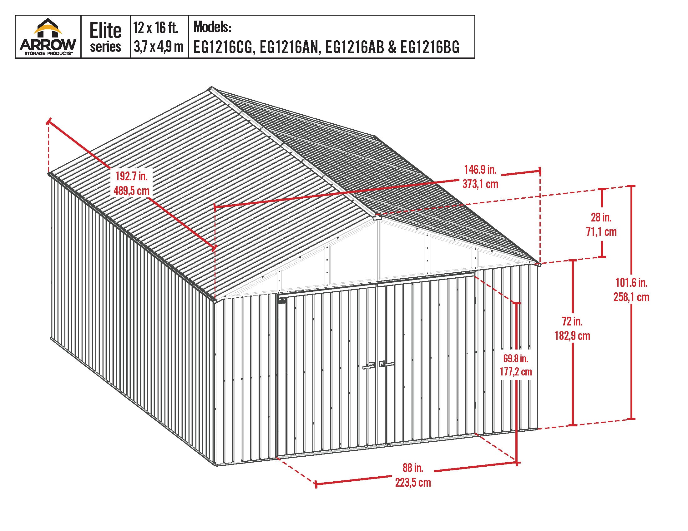 Arrow Shed Elite 12' x 16' Outdoor Lockable Gable Roof Steel Storage Shed Building, Anthracite