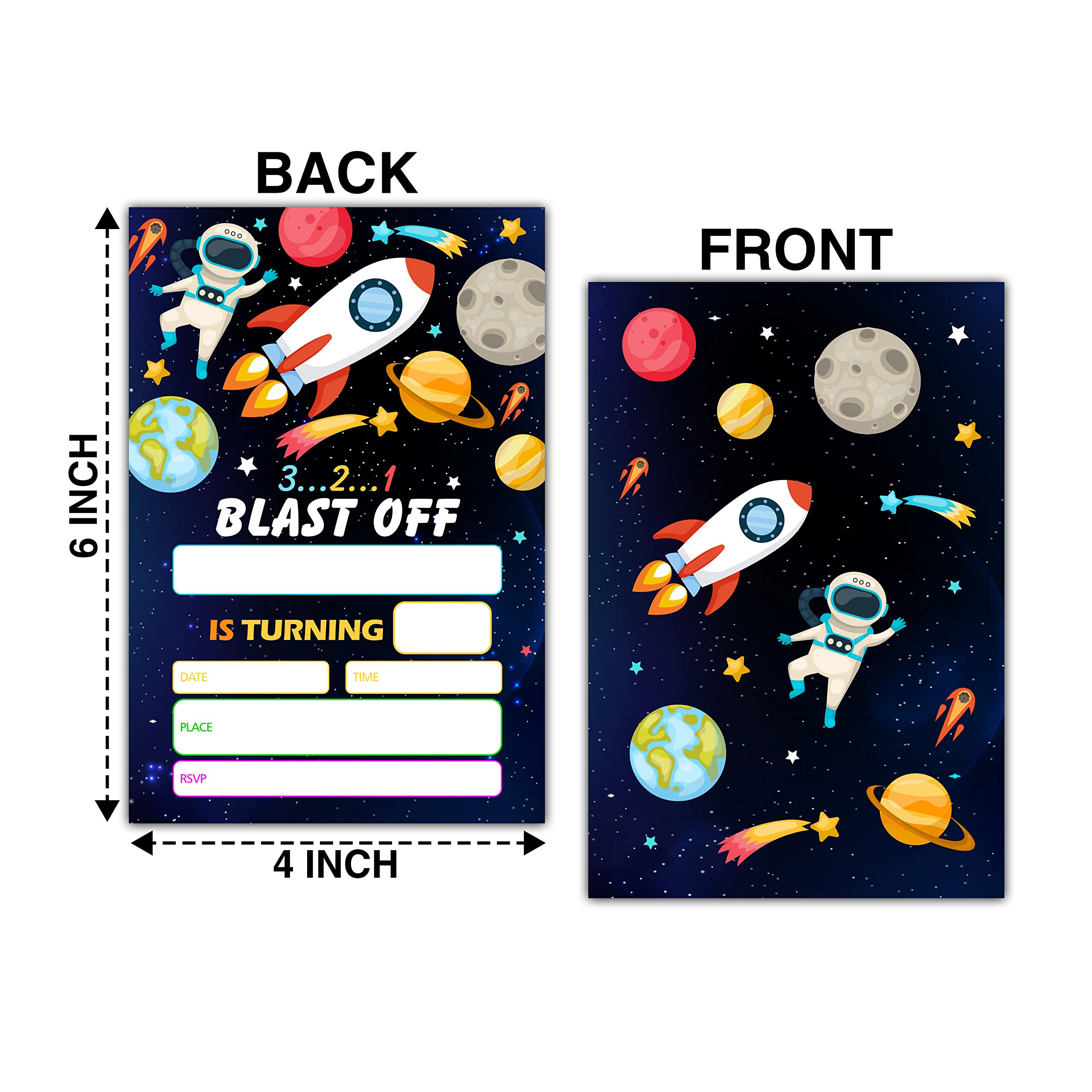 Buildinest Outer Space Birthday Party Invitations with Envelopes (20-Pack), 4"x6" Planets Rocket Ship Astronaut Birthday Invitation Cards, Galaxy Blast Off Party Invites-B17