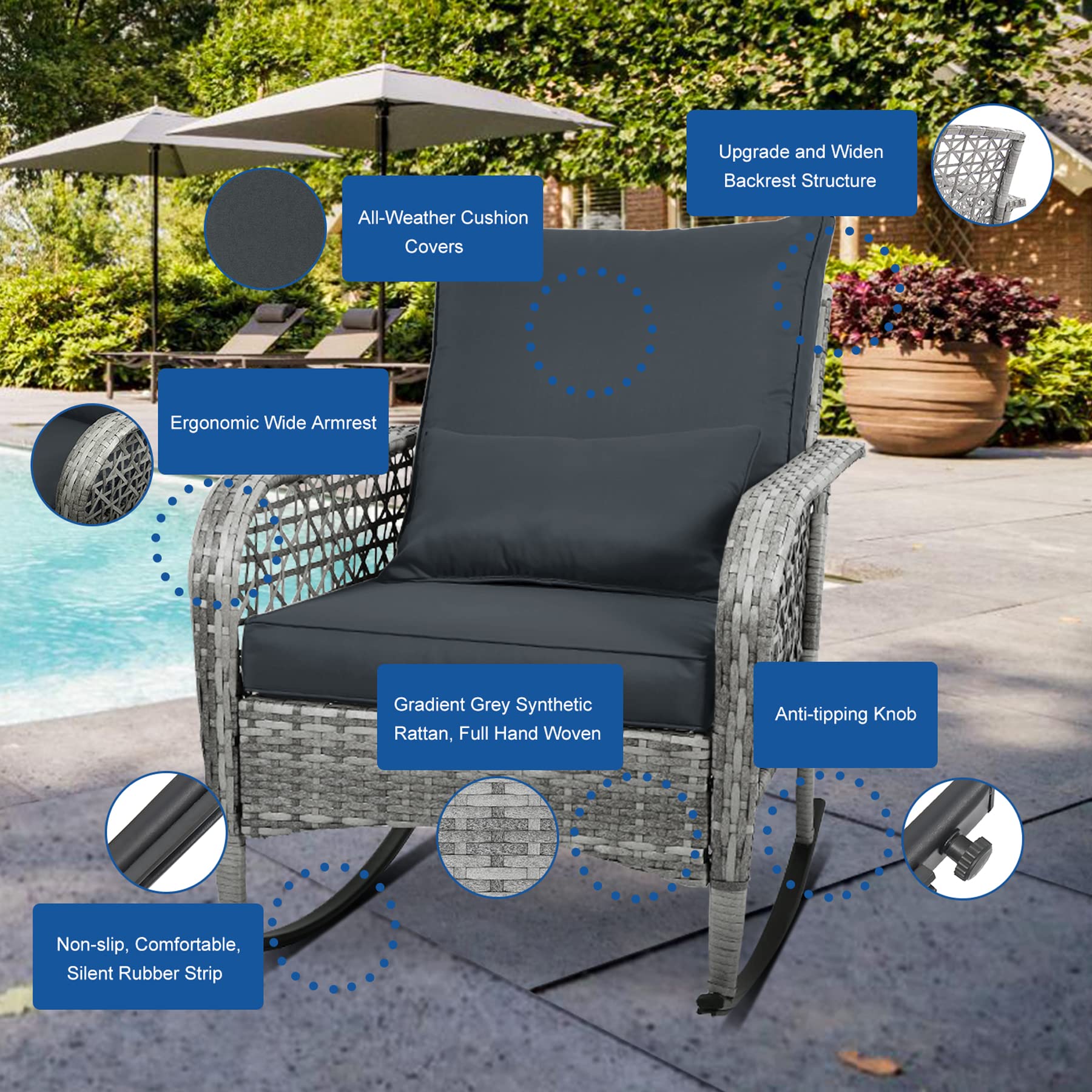 CIRMUBUY 3-Piece Outdoor Furniture Set, Patio Conversation Chair, Wicker Cushioned Patio Rocker with Side Table for Porch, Garden, Poolside & Deck, Dark Grey