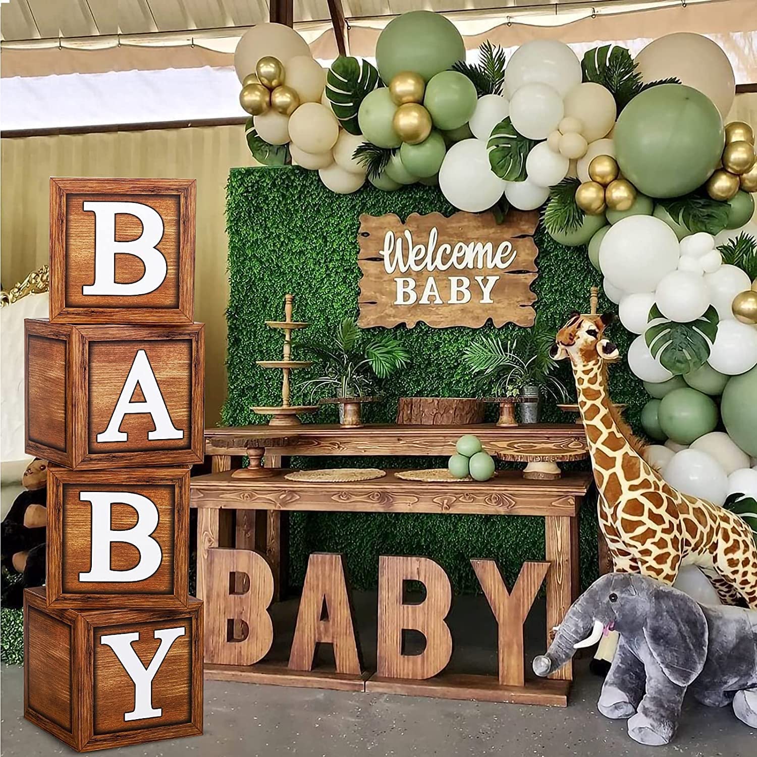 Baby Shower Decorations Baby Boxes with Letters, 4pcs Wood Baby Shower Brown Blocks with Printed BABY Letter, Gender Reveal Decorations, Woodland Baby Shower Girl Boy,Teddy Bear Theme Party