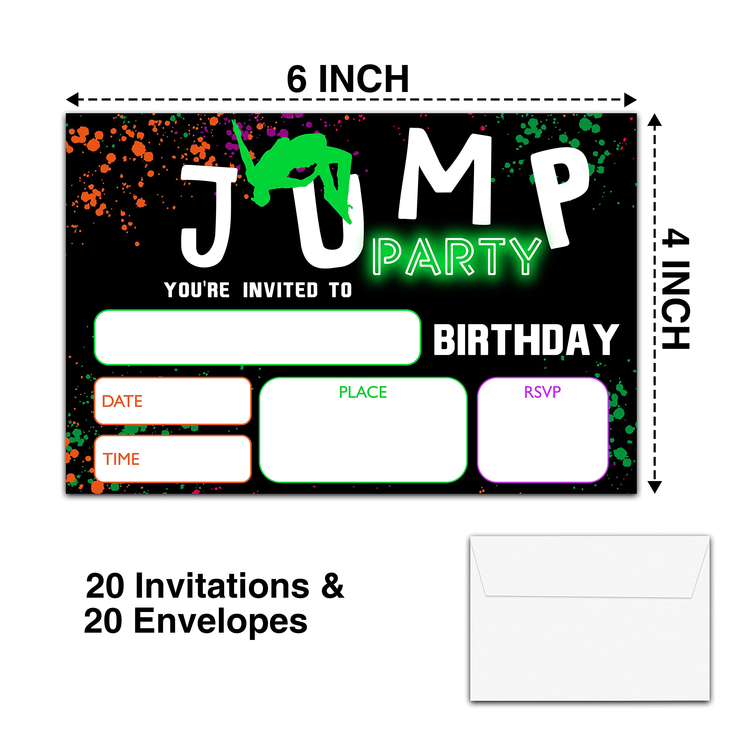 YSTEP Jump Birthday Party Invitations, 20 Invite Cards with Envelopes, 4"x6" Trampoline Bounce House Birthday Invites - A01