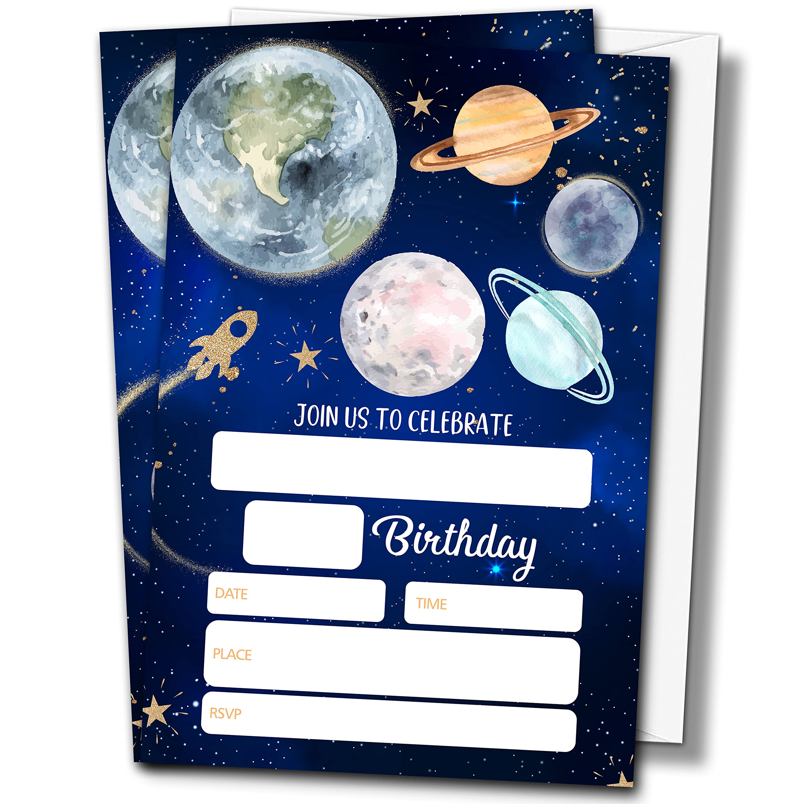 Buildinest Outer Space Birthday Party Invitations with Envelopes (20-Pack), 4"x6" Moon Planets Birthday Invitation Cards, Galaxy Blast Off Party Invites-B18