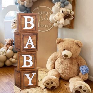 Baby Shower Decorations Baby Boxes with Letters, 4pcs Wood Baby Shower Brown Blocks with Printed BABY Letter, Gender Reveal Decorations, Woodland Baby Shower Girl Boy,Teddy Bear Theme Party