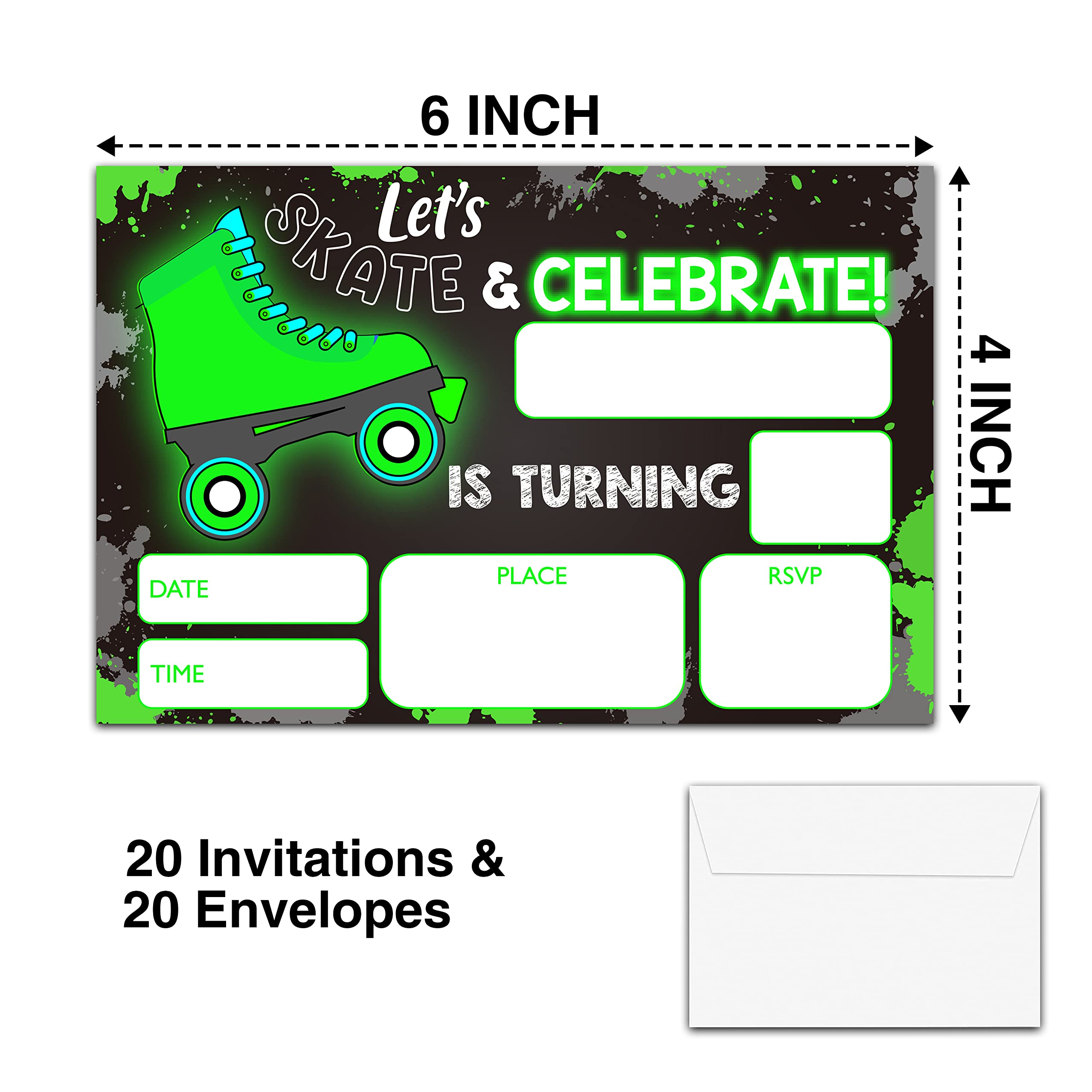 YSTEP Roller Skating Birthday Party Invitations, 20 Invite Cards with Envelopes, 4"x6" Neon Skating Birthday Party Invites - A30