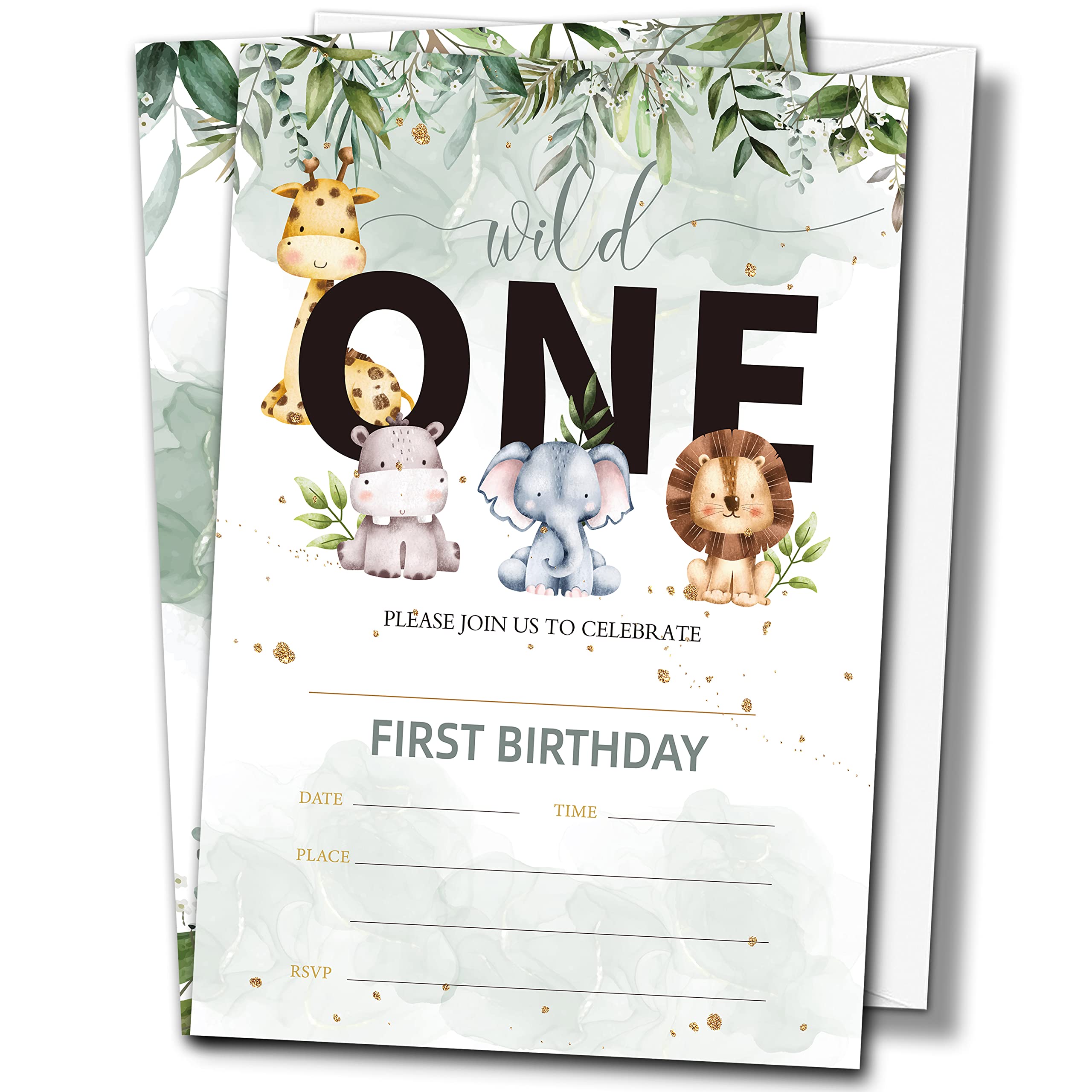 Buildinest Wild One Birthday Party Invitations with Envelopes (20-Pack), 4"x6" Safari Animals 1st Birthday Invitation Cards, Jungle Wild Animals Party Invites-B14