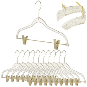 hoolerry 10 pcs clear hangers with clips acrylic glitter hangers 17 x 8 inches plastic skirt pants hangers with non slip notches adjustable clips coat hanger for clothes skirt trousers jeans (gold)