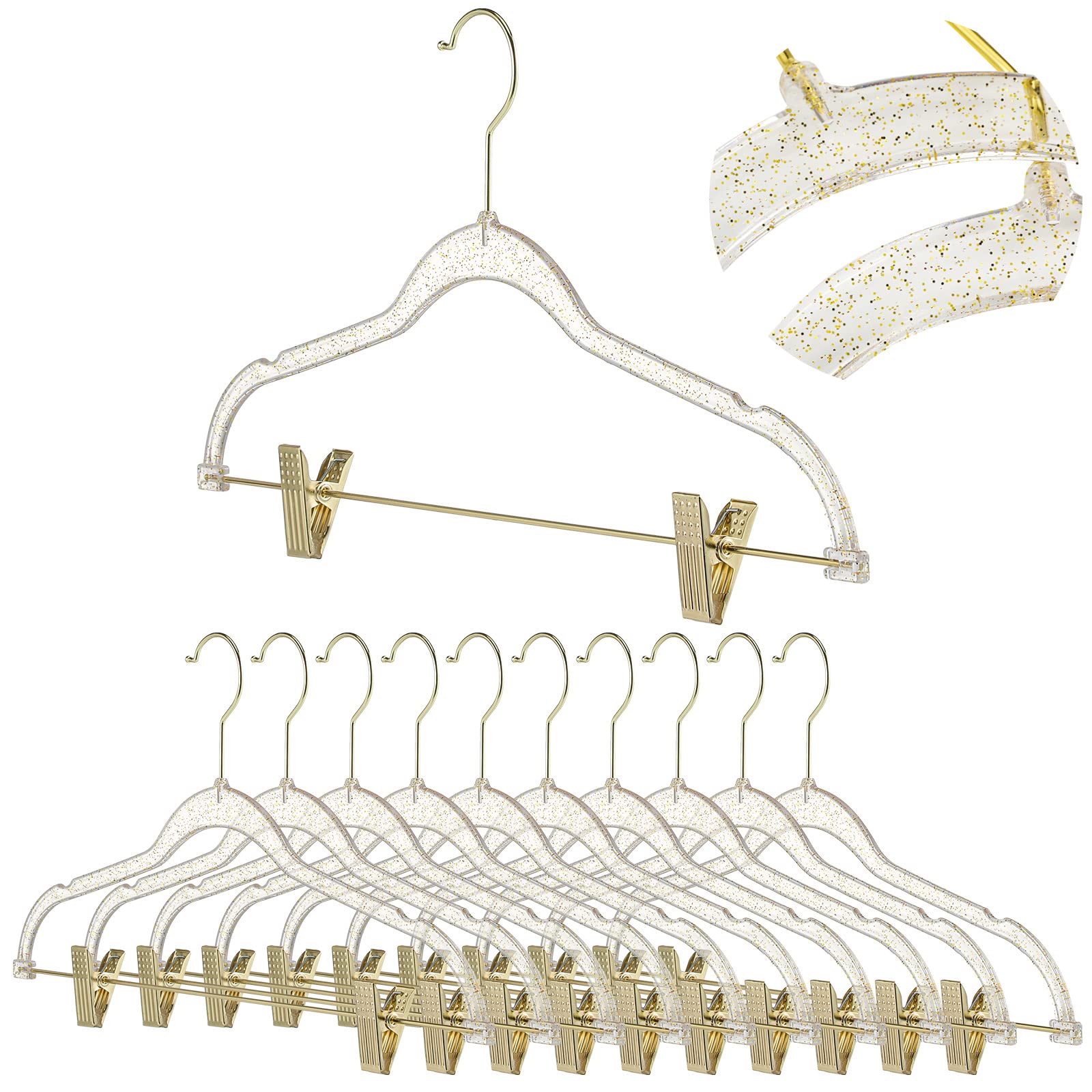 Hoolerry 10 Pcs Clear Hangers with Clips Acrylic Glitter Hangers 17 x 8 Inches Plastic Skirt Pants Hangers with Non Slip Notches Adjustable Clips Coat Hanger for Clothes Skirt Trousers Jeans (Gold)