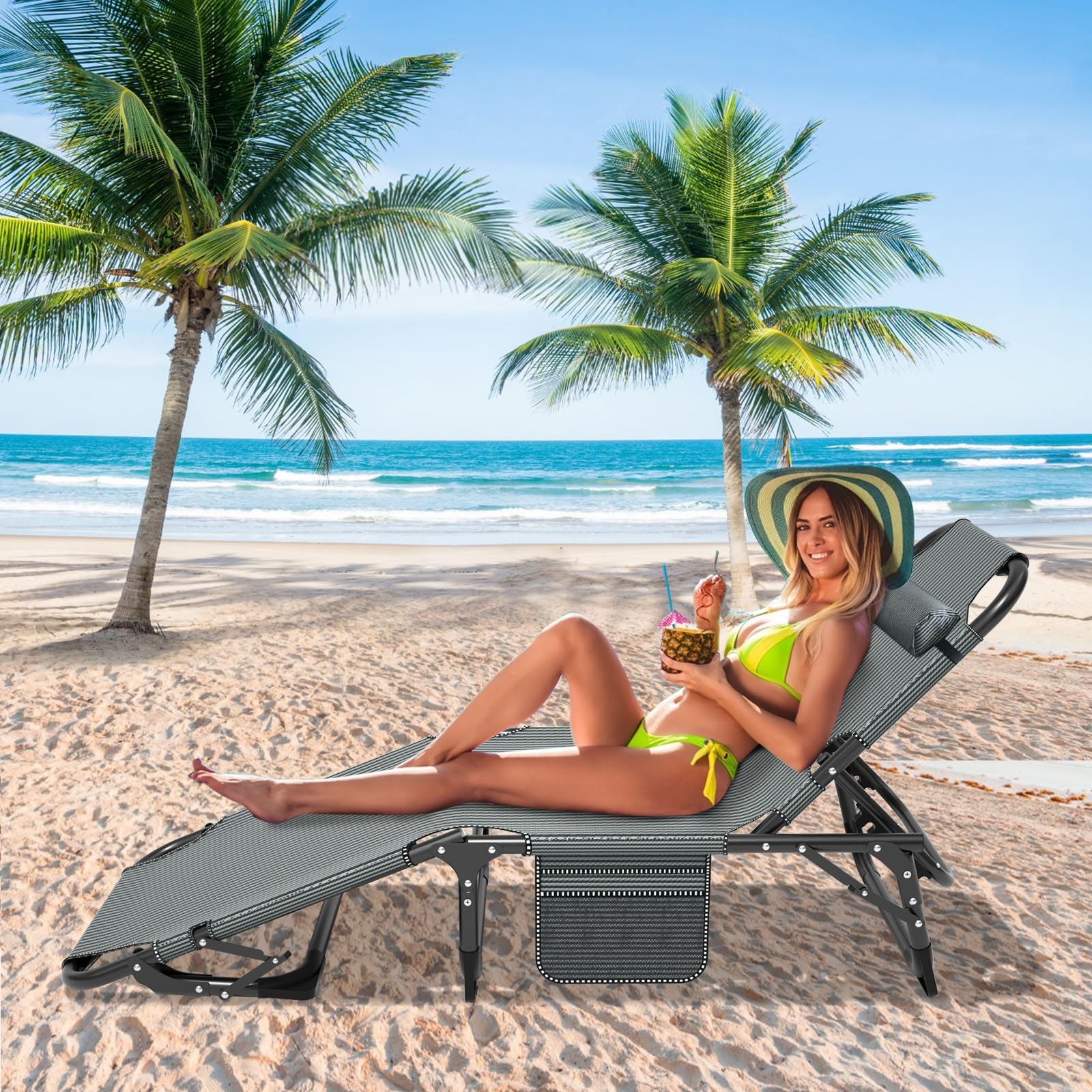 Slsy Folding Lounge Chairs Outdoor, Adjustable Sleeping Cot Chair, Portable Folding Bed Cot Chaise Lounge Chairs for Outside Beach Lawn Camping Pool Sun Tanning