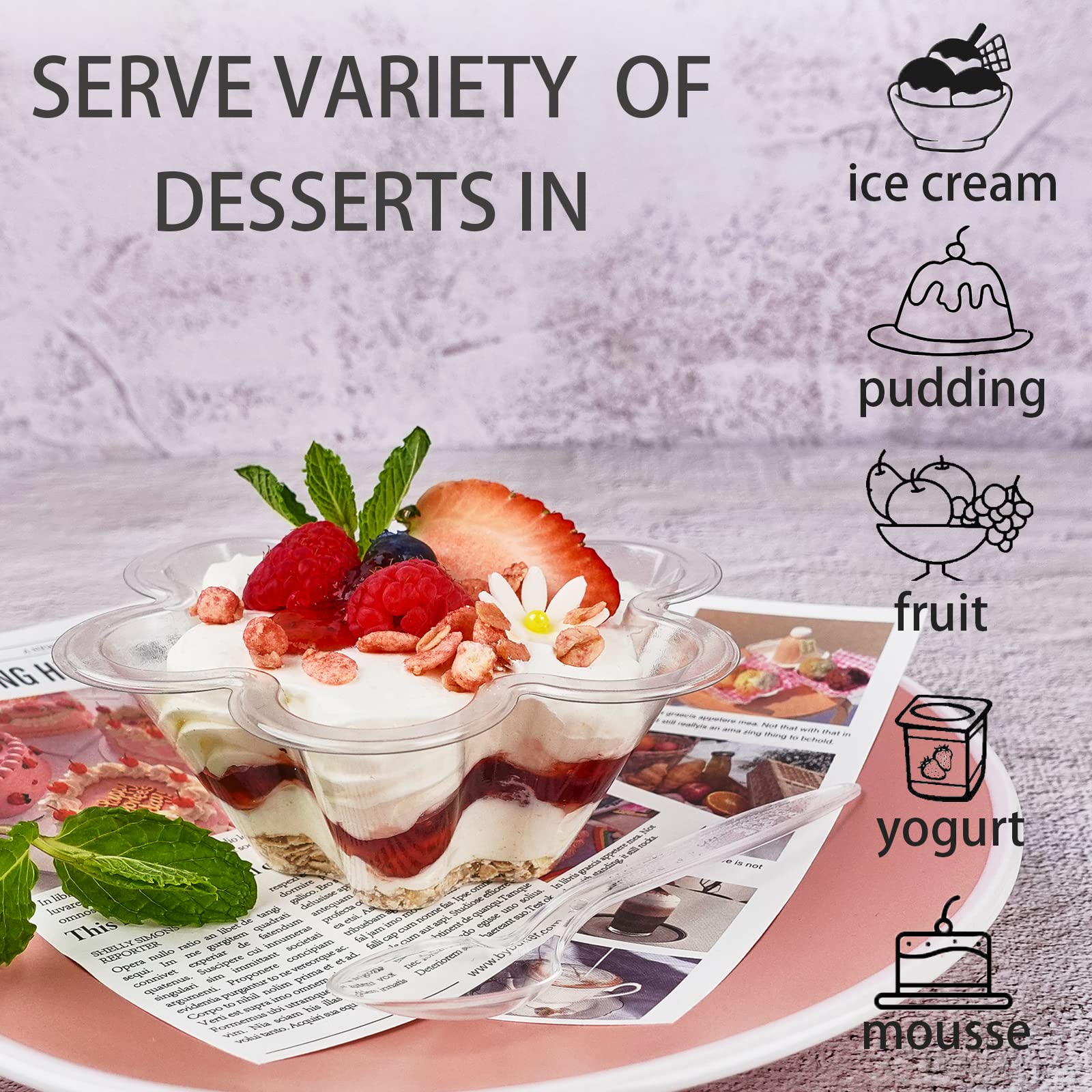 50ct 8oz Clear Plastic Dessert Cups with Spoons, Disposable Flower Shaped Ice Cream Bowls, Party Sundae Serving Bowls for Ice Cream, Nuts and Salad, Trifle Tasters Containers