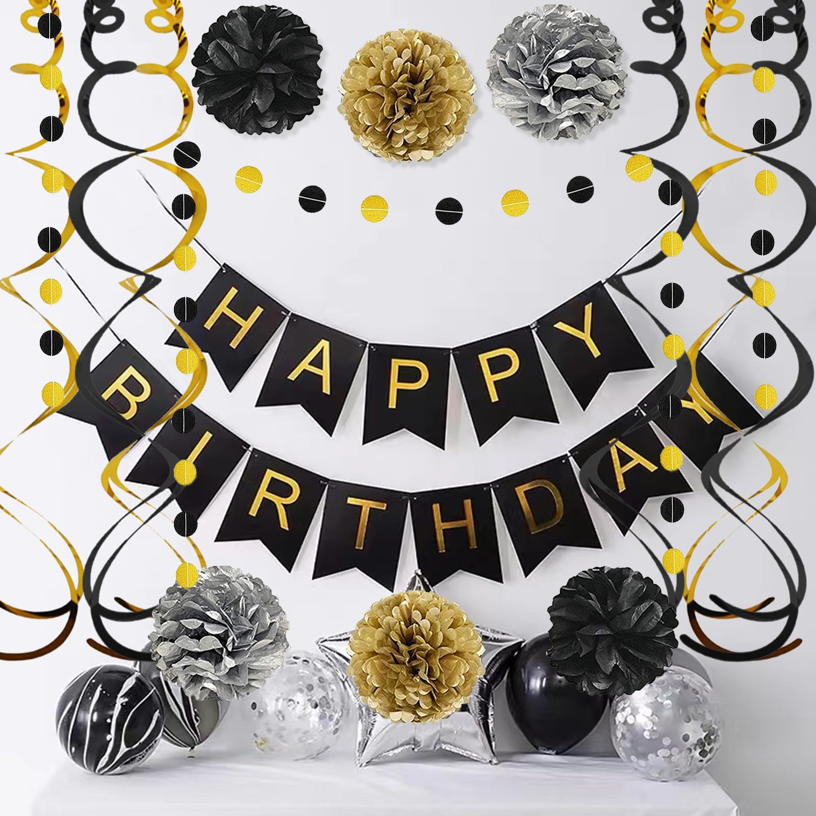 Black Gold Birthday Decorations, Happy Birthday Banner with Pom Poms Paper Triangle bunting Garland Swirl Streamers for Boys Men Party Supplies