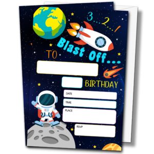 buildinest outer space birthday party invitations with envelopes (20-pack), 4"x6" planets rocket ship astronaut birthday invitation cards, galaxy blast off party invites-b15