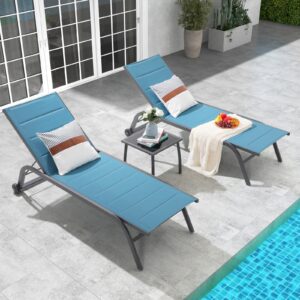 patiorama outdoor patio chaise lounge chair set of 3, dark grey aluminum textilene padded adjustable recliner w/wheels, side table, pool lounger all weather for beach, yard, balcony (turquoise blue)