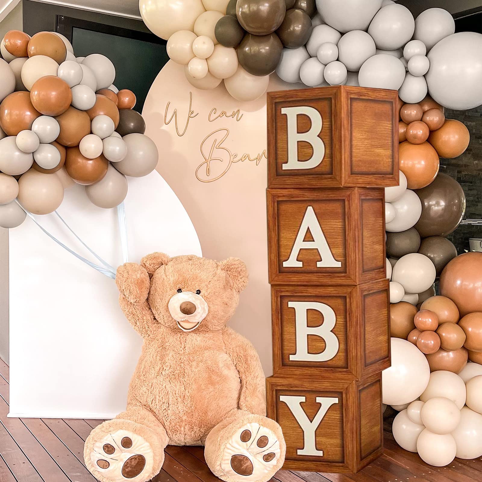 Baby Shower Decorations Baby Boxes with Letters, 4pcs Wood Baby Shower Brown Blocks with Printed BABY Letter, Gender Reveal Decorations, Woodland Baby Shower Girl Boy,Teddy Bear Theme Party