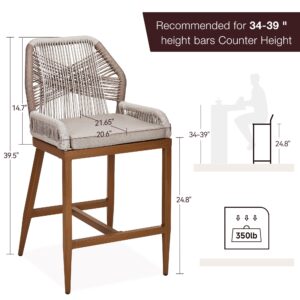 Counter Height Bar Stools Set of 2, 24.8" H Rattan Bar Stools, Home Back Dining Chair, Modern Patio Bar Stools with Backrest and Arm, Comfortable Simple and Beautiful Counter Chair