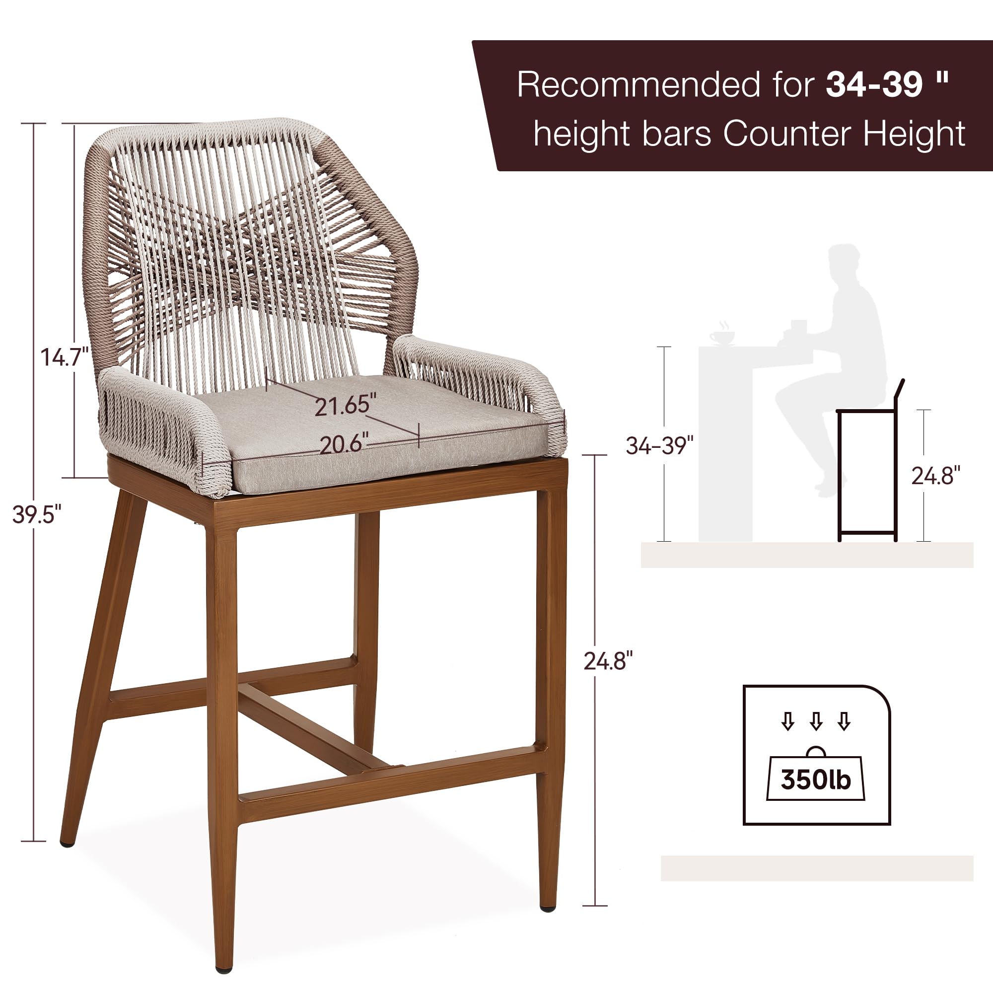 Counter Height Bar Stools Set of 2, 24.8" H Rattan Bar Stools, Home Back Dining Chair, Modern Patio Bar Stools with Backrest and Arm, Comfortable Simple and Beautiful Counter Chair