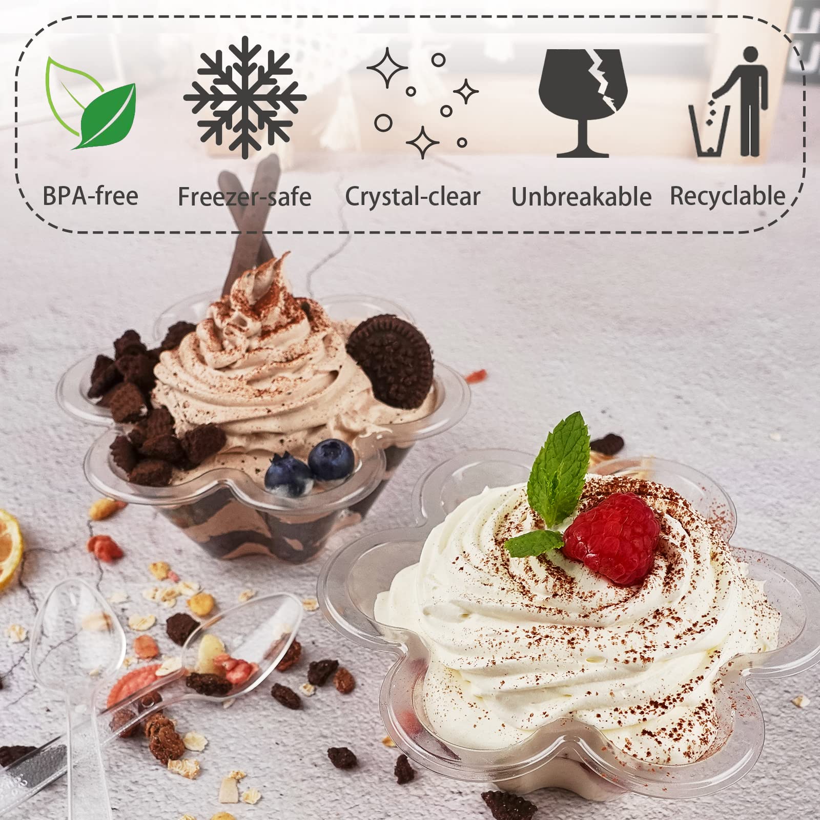 50ct 8oz Clear Plastic Dessert Cups with Spoons, Disposable Flower Shaped Ice Cream Bowls, Party Sundae Serving Bowls for Ice Cream, Nuts and Salad, Trifle Tasters Containers