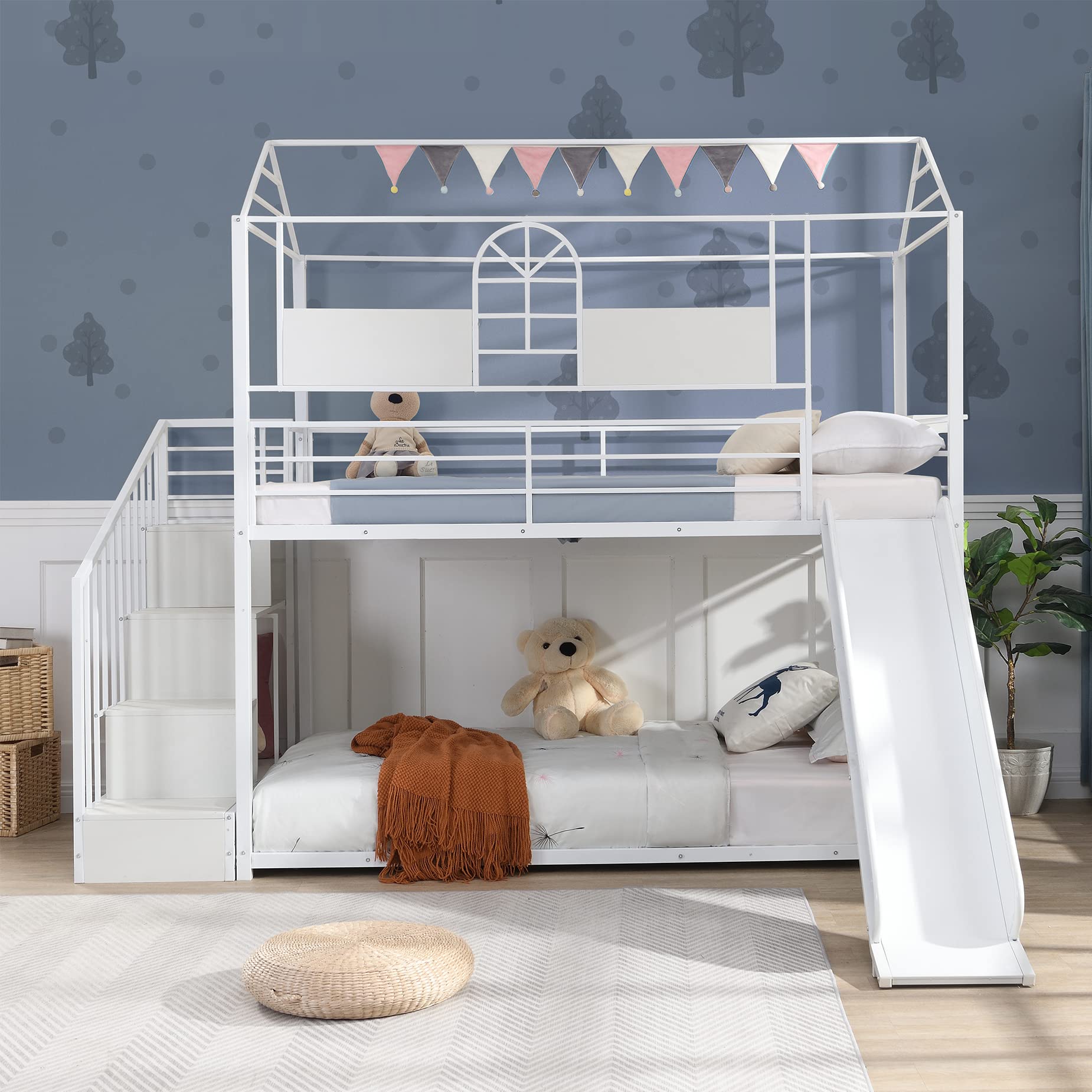 Bellemave House Bunk Bed with Slide and Stairs Twin Over Twin Floor Bunk Bed Frame Metal Playhouse Bunked with Storage Shelves for Kids Boys Girls Teens, White