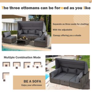 HOMREST 6 Pieces Patio Furniture Sets, Rattan Daybed with Retractable Canopy, Outdoor Sectional Sofa Set with Adjustable Backrest, Chaise Chair Sunbed for Garden Poolside Backyard（Grey）