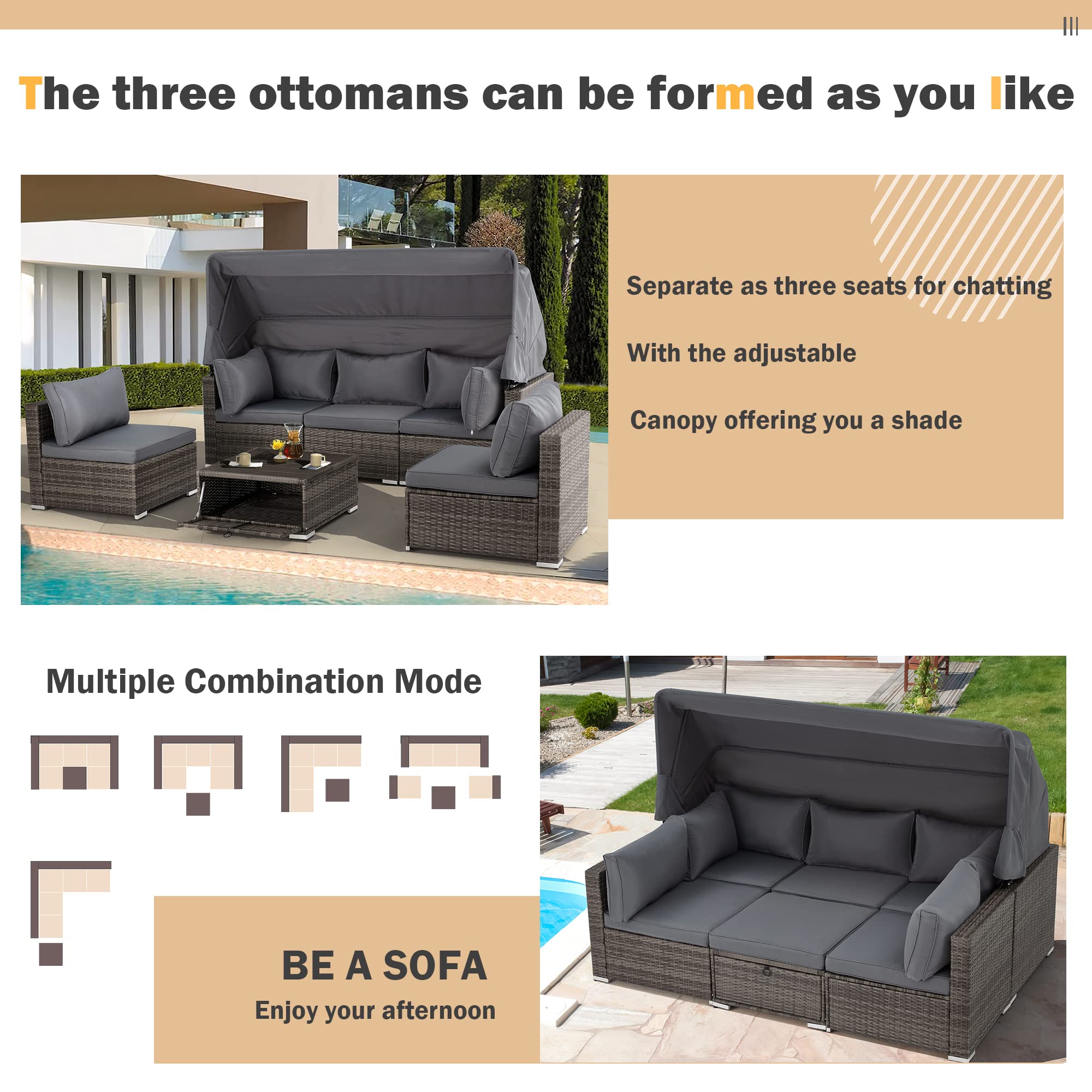 HOMREST 6 Pieces Patio Furniture Sets, Rattan Daybed with Retractable Canopy, Outdoor Sectional Sofa Set with Adjustable Backrest, Chaise Chair Sunbed for Garden Poolside Backyard（Grey）