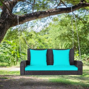 UJOYPAYD Hanging Porch Swing Bench,Heavy Duty 800 LBS 2-Person Rattan Swing Chair with Soft Cushions,Metal Frame Wicker Swing Bench,7.9ft Reinforced Steel Chain for Deck, Backyard, Garden (Turquoise)