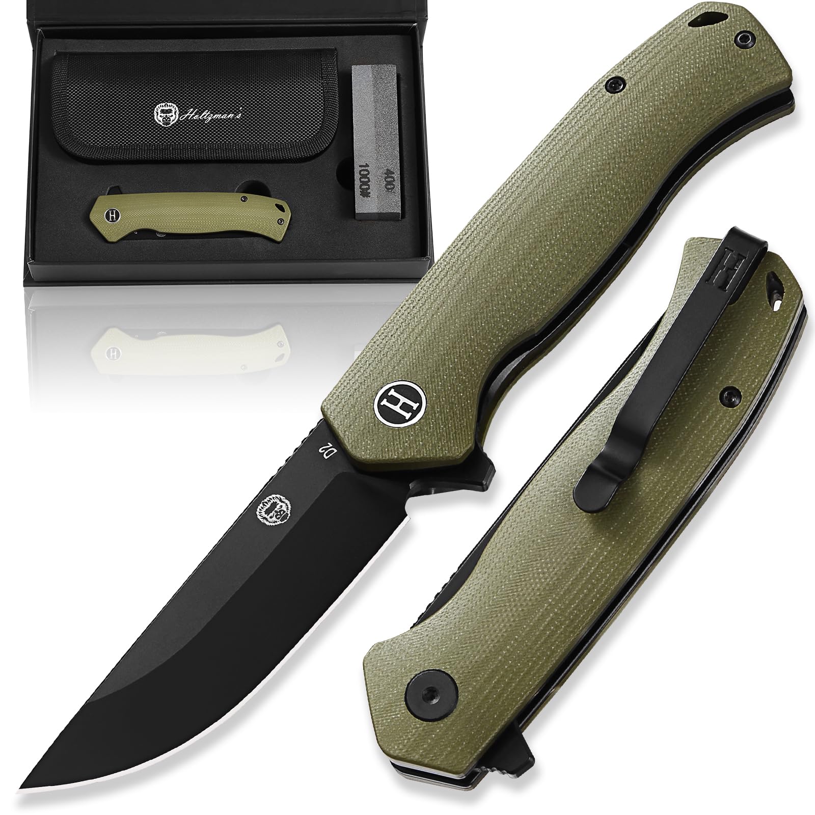 Holtzman's Gorilla Survival 'Pathfinder' Folding Knife featuring D2 Steel Blade and G10 Handle in Gift Box Set (Black+Green)